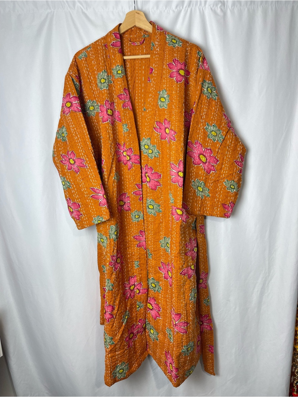 Orange Floral Kantha Robe Cotton Kimono Bathrobe Boho One Size belted